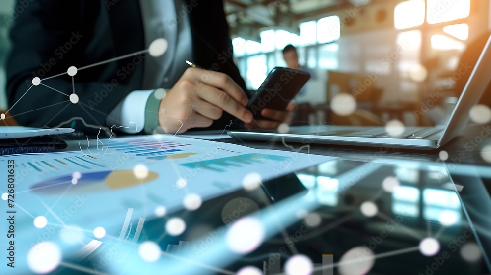 Poster business documents on office table with smart phone and digital tablet and graph financial with social network diagram and man working in the background : Generative AI