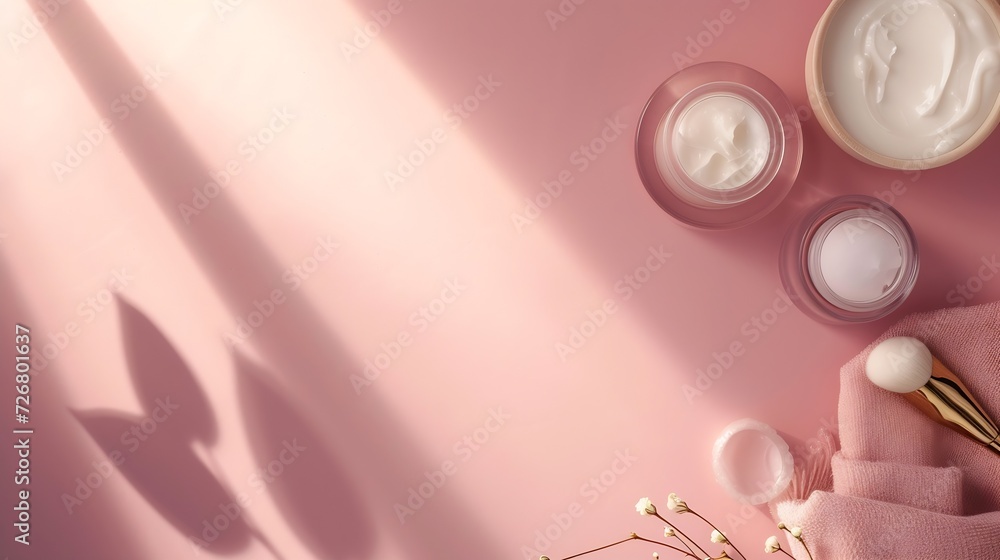 Poster spa cosmetic products concept, spa background with a space for a text, flat lay, view from above : g