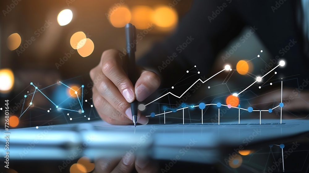 Poster businessman draw growth graph and progress of business and analyzing financial and investment data ,