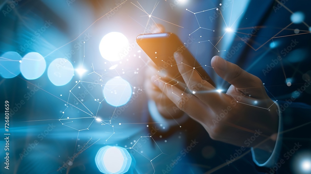 Poster businessman using mobile smart phone. business global internet connection application technology and