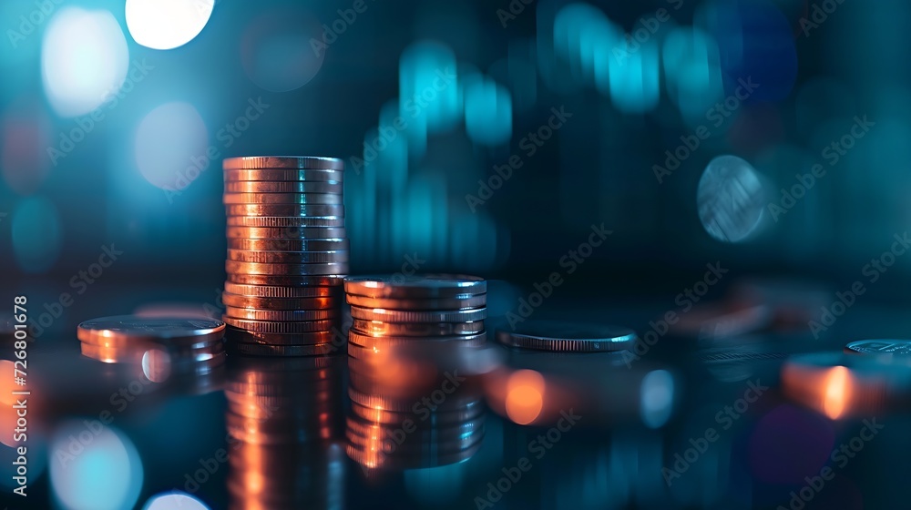 Aufkleber double exposure image of coin stacks on technology financial graph background.economy trends backgro