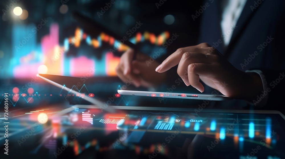 Poster Businessman using tablet analyzing sales data and economic growth graph chart and block chain technology on global network on dark background. : Generative AI
