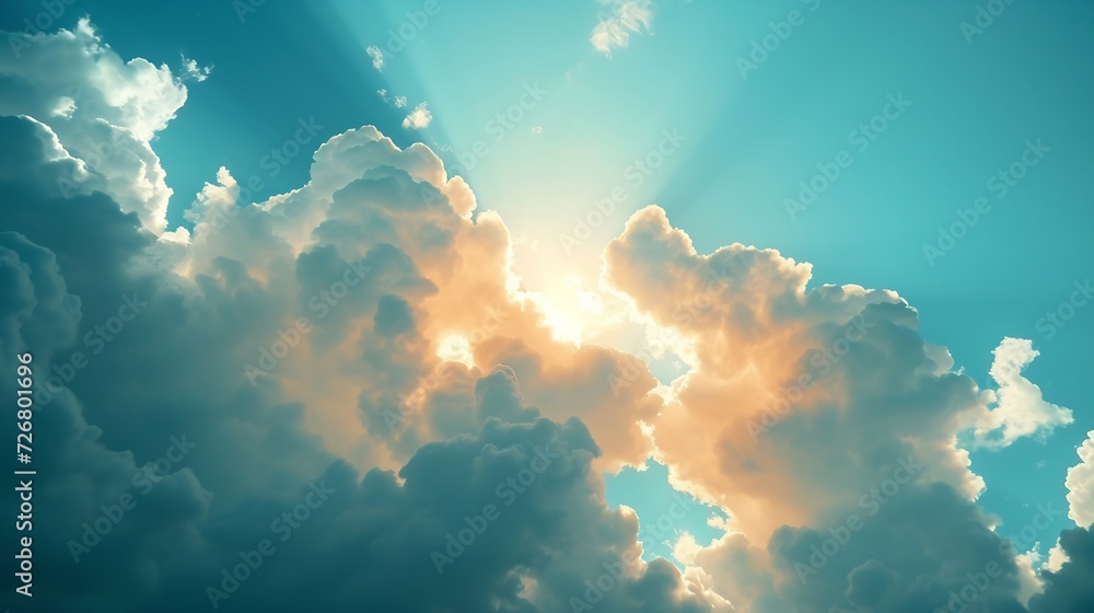 Poster the sky has the light of the sun, the sky is blue, there are small and large clouds alternating and 