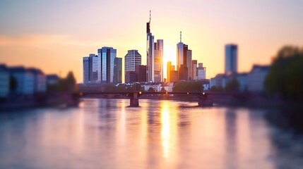 Blurred view of Frankfurt am Main skyline and river. : Generative AI - obrazy, fototapety, plakaty