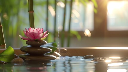 Spa still life with bamboo fountain and lotus : Generative AI