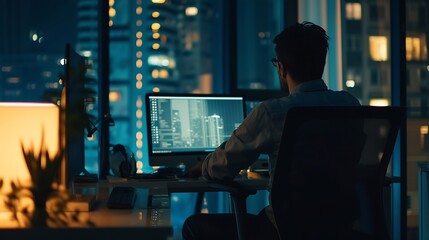 Man sitting alone in office late at night watching computer and solving problem working overhours. : Generative AI - obrazy, fototapety, plakaty