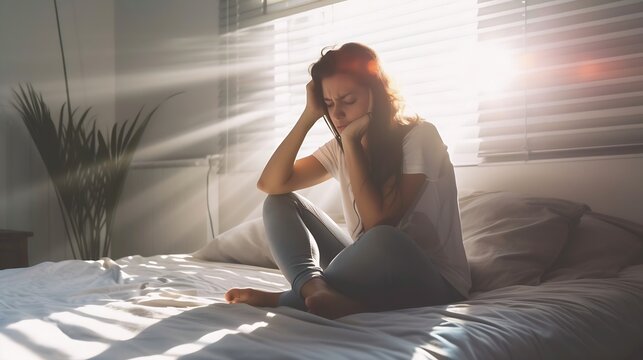 Sad european millennial female, worried, suffers from insomnia and headache. Lady sits on bed in bedroom at home, copy space. Migraines, health and mental problems, lack of sleep and d : Generative AI