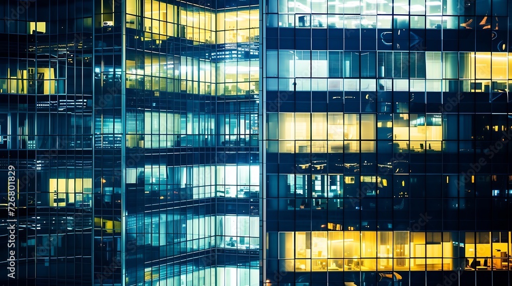 Poster pattern of office buildings windows illuminated at night. glass architecture ,corporate building at 
