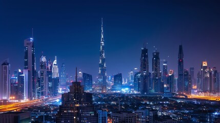 Beautiful view to Dubai downtown city center skyline from Design District at night, United Arab Emirates : Generative AI