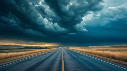 Storm clouds gather over a road that leads into the distance, creating a very dramatic landscape North Dakota, United States of America : Generative AI - obrazy, fototapety, plakaty