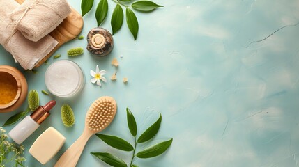 Spa treatment concept, flat lay composition with natural cosmetic products and massage brush, view...