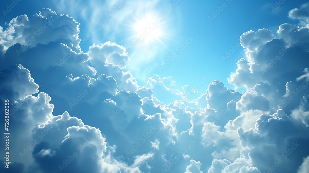 Poster the sky has the light of the sun, the sky is blue, there are small and large clouds alternating and 