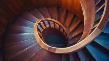 abstract spiraling handrail of a wooden staircase in a modern design building : Generative AI