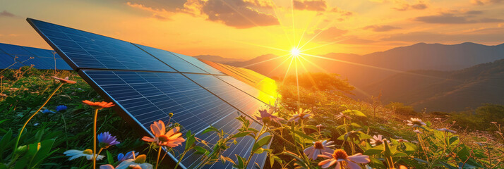 solar panels in a sunny field with flowers,solar energy building panel future electric engineer technology ecology sunset nature station  - obrazy, fototapety, plakaty