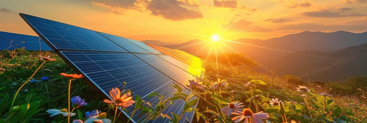 Foto op Plexiglas solar panels in a sunny field with flowers,solar energy building panel future electric engineer technology ecology sunset nature station  © Planetz
