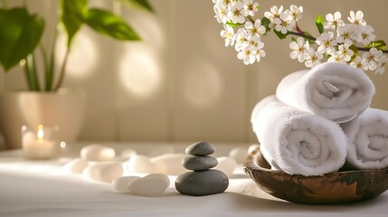 Composition with towels, flowers and stones on massage table in spa salon. Space for text : Generative AI