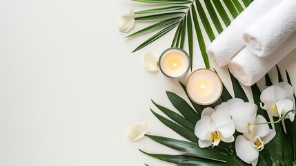 wellness and spa composition with towels, candle, tropical leaves and orchid flowers on white...