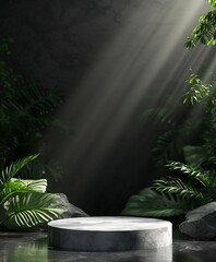 Luxurious empty product marble stone podium and forest green leaves on dark background. Concept scene stage for promotion, sale, presentation or cosmetic. Black minimal mock up templat : Generative AI