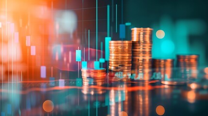 Double exposure image of coin stacks on technology financial graph background.Economy trends background for business ,financial meltdown ,Cryptocurrency digital economy. : Generative AI