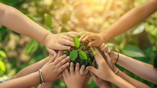 World environment day with global community teamwork, CSR and ESG environmental energy saving collaboration of young children hands stack together on green background for sustainable d : Generative AI