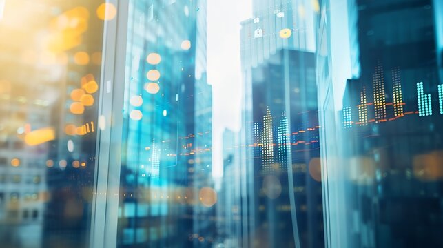 Multi exposure of abstract financial diagram on office buildings background, banking and accounting concept : Generative AI