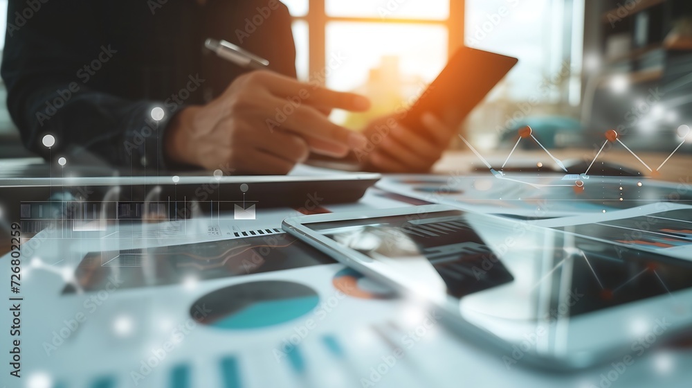 Poster business documents on office table with smart phone and digital tablet and graph financial with social network diagram and man working in the background : Generative AI