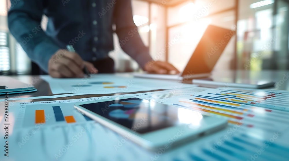 Poster business documents on office table with smart phone and digital tablet and graph financial with social network diagram and man working in the background : Generative AI
