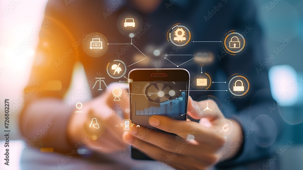 Aufkleber businessman online using mobile banking payment with financial application icons. financial innovati