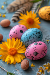 Obraz premium Easter greeting card with colorful eggs on a gray background. Happy Easter and Spring Holidays