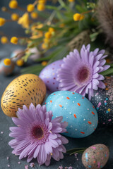 Obraz premium Easter greeting card with colorful eggs on a gray background. Happy Easter and Spring Holidays