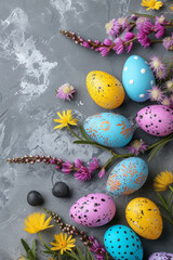 Fototapeta na wymiar Easter greeting card with colorful eggs on a gray background. Happy Easter and Spring Holidays