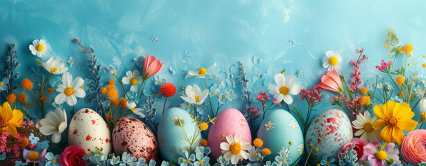 Colorful Easter eggs in bright soft pastel colors. Happy Easter and spring holidays concept. Copy space. - obrazy, fototapety, plakaty