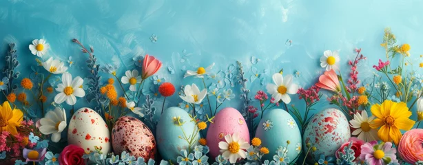 Tuinposter Colorful Easter eggs in bright soft pastel colors. Happy Easter and spring holidays concept. Copy space. © lagano