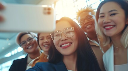 Diversity, portrait selfie and business women teamwork, global success or group empowerment in office leadership. Social media career of asian, black woman and senior people or staff p : Generative AI