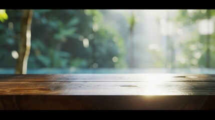 Wooden tabletop with copy space over blurred spa window background : Generative AI