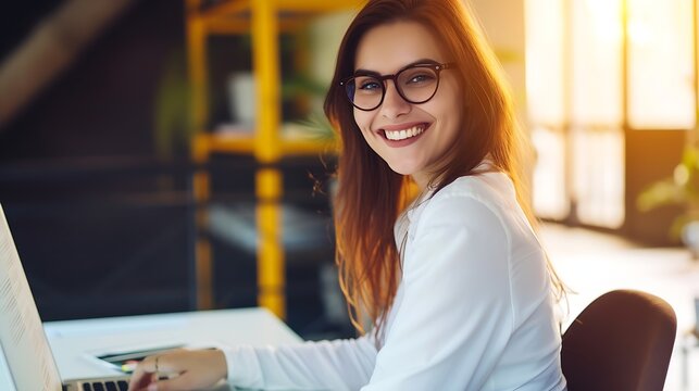 Happy Brunette Business Lady Using Laptop Smiling To Camera Posing Wearing Glasses Working Sitting At Workplace In Modern Office. Successful Entrepreneurship And Career Concept : Generative AI