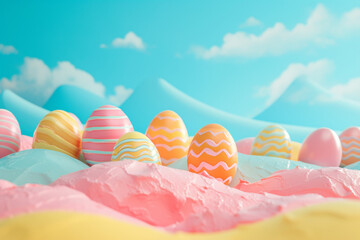 Colorful Easter eggs in bright colors with a clear blue sky in the background.  An aesthetic greeting card for the Easter holidays.
