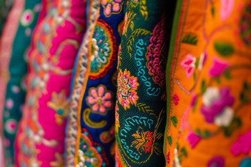 Fototapeta premium Beautiful colorful fabric in Indian style, bright colors and gold. Travel, tradition, fashion. Incredible India.