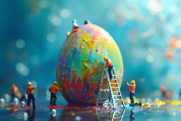 Creative Easter composition with little workers painting an egg. Easter holiday greeting card in a fun style.