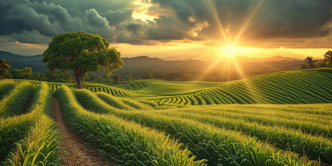 sugar cane fields at sunset or sunrise