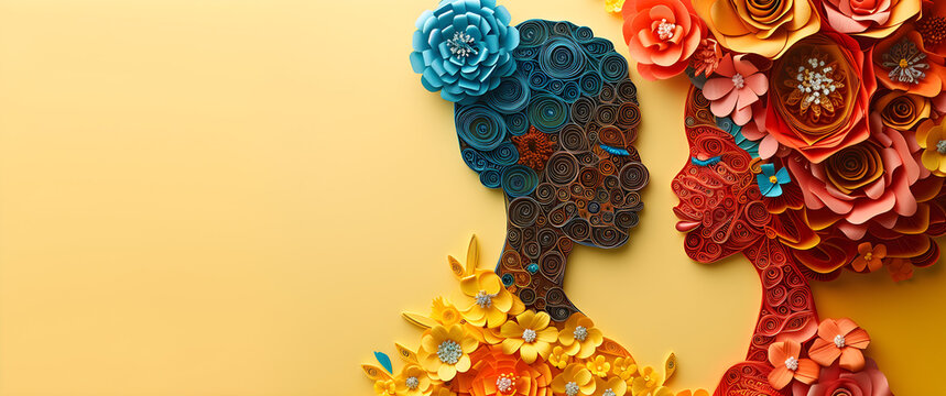 Abstract quilling art of African American mother and daughter, perfect for Mother's Day banner or celebration. Handmade with colorful paper craft techniques.