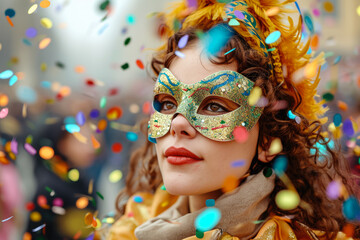 model wearing a mask and a costume in a carnival with a confetti