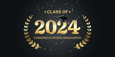 Fototapeta na wymiar Vector illustration. Class of 2024 badge design template in black and gold colors. Congratulations graduates 2024 banner sticker card with academic hat for high school or college graduation