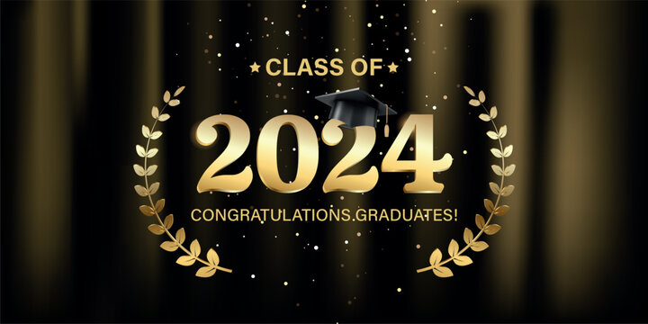Vector illustration. Class of 2024 badge design template in black and gold colors. Congratulations graduates 2024 banner sticker card with academic hat for high school or college graduation