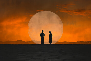 A religious silhouette of people praying in the desert in a style that features orange and black colors, digitally enhanced, with character studies, in a consumer culture context.