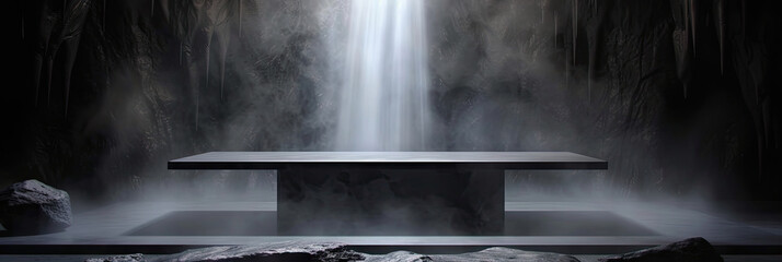 empty black concrete Podium with dark smoke background, empty stone podium table on Dark black background, product presentation
