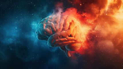 A beautiful brain symbol concept is displayed on a background, in an atmosphere that resembles hyper-realism, with light red and light indigo colors, vivid energy explosions