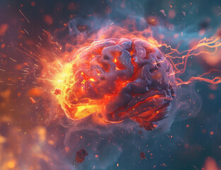 A 3D brain with a flare in surrealism style, featuring light red and light indigo colors, and vivid energy explosions representing kinetic energy.