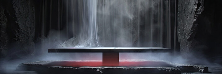 empty black concrete Podium with dark smoke background, empty stone podium table on Dark black background, product presentation