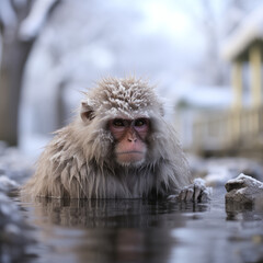 Japanese macaque soaking in hot spring